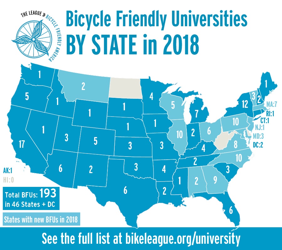 infographic showing number of bicycle friendly universities in each state